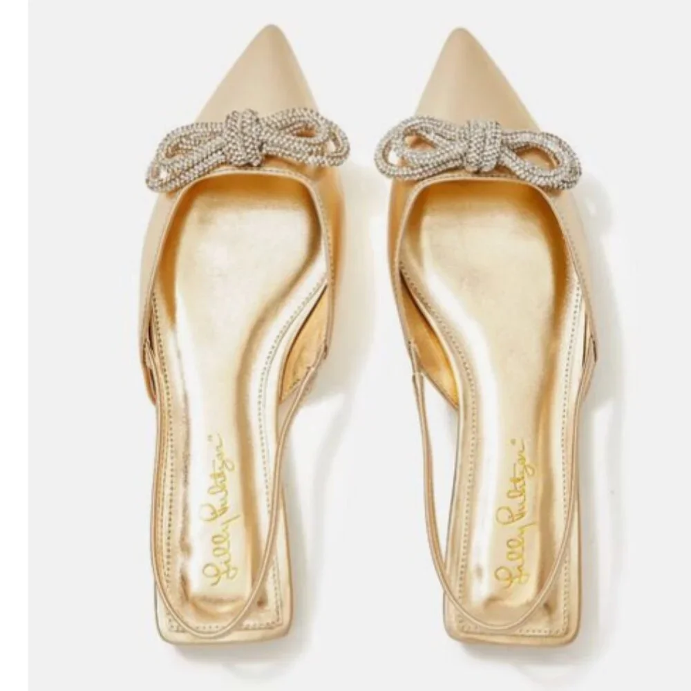 Lilly Pulitzer Brit Gold Rhinestone Bow Slingback Flats Size 9